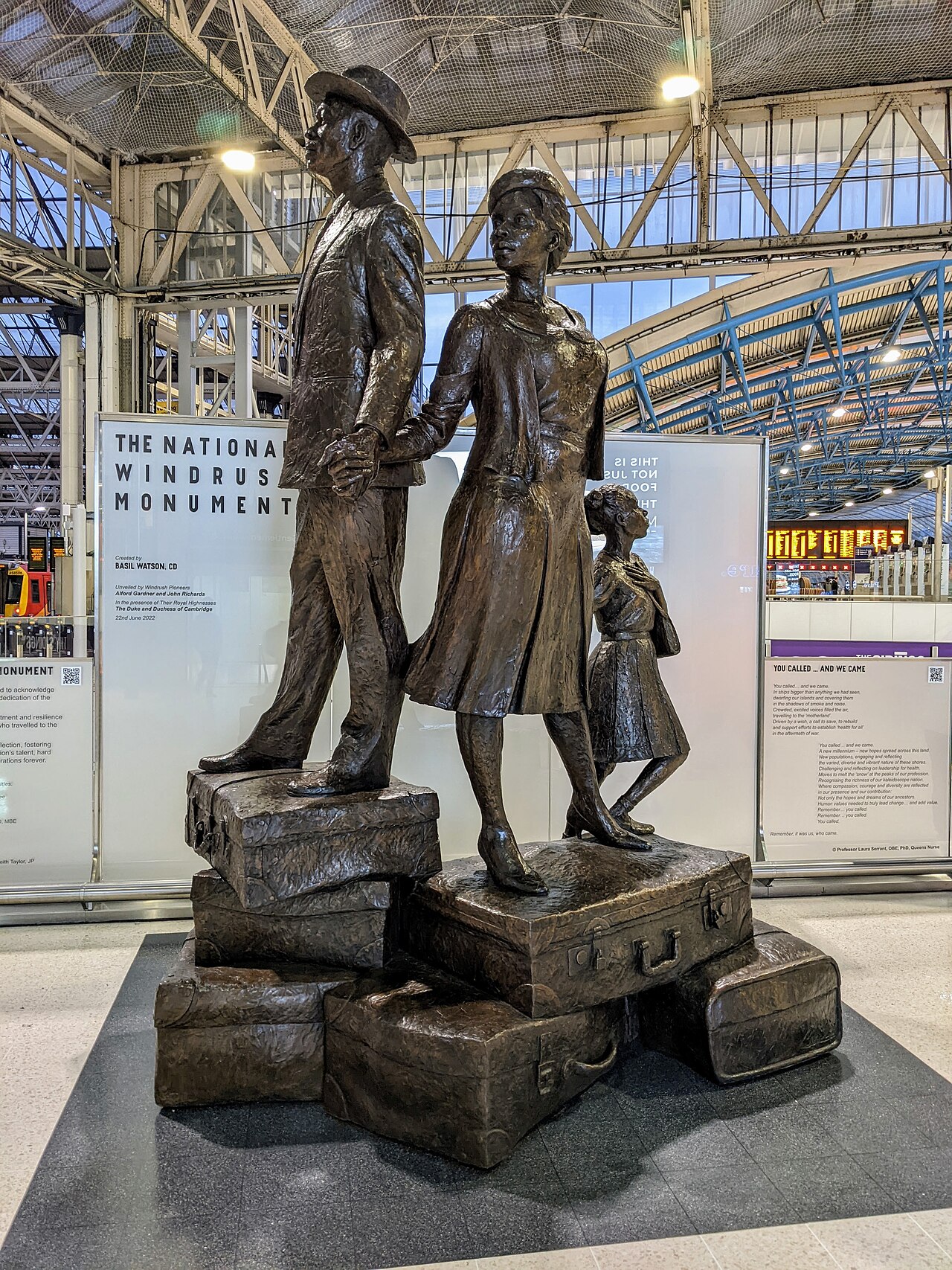 The National Windrush Monument by Jamaican sculptor Basil Watson, unveiled at London Waterloo station in June 2022: a family standing on their suitcases, newly arrived from the Caribbean.